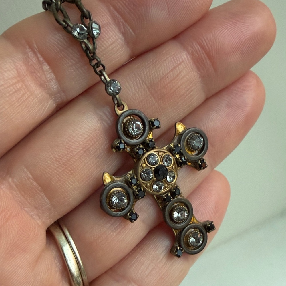 Vintage Burnished Gold and Crystal Cross Pendant Necklace by Belladonna - Picture 2 of 6